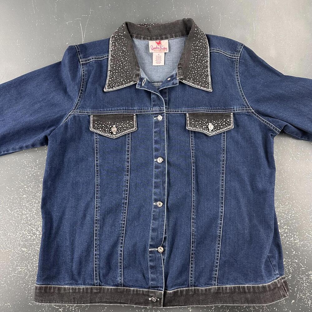 Quaker Factory Denim Jacket Womens 1X Dark Wash Bedazzled Cottage Whimsi Fairy - Picture 2 of 8